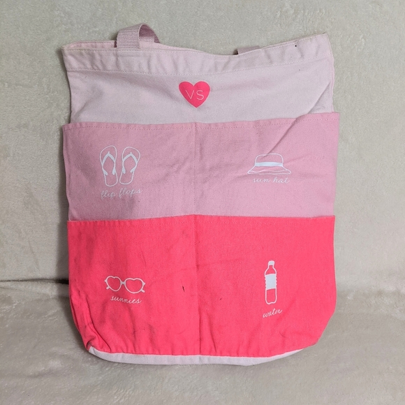 Victoria’s Secret Pink Canvas Tote Beach Bag Medium with Labeled Outer Pockets - Picture 1 of 12